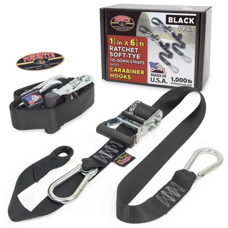 PowerTye 1.5in x 6.5ft Heavy Duty Ratchet Tie-Down Straps with Soft-Tye and Carabiner Hooks - 1,000 lb Working Load Limit / 3,000 lb Breaking Strength - Made in USA - Black/Black Pair - Image 1